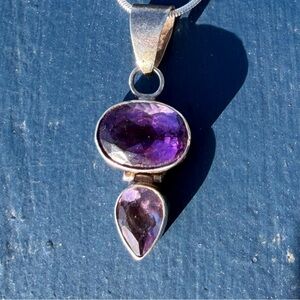 925 Double Amethyst Pendant on Silver Chain Necklace 18”